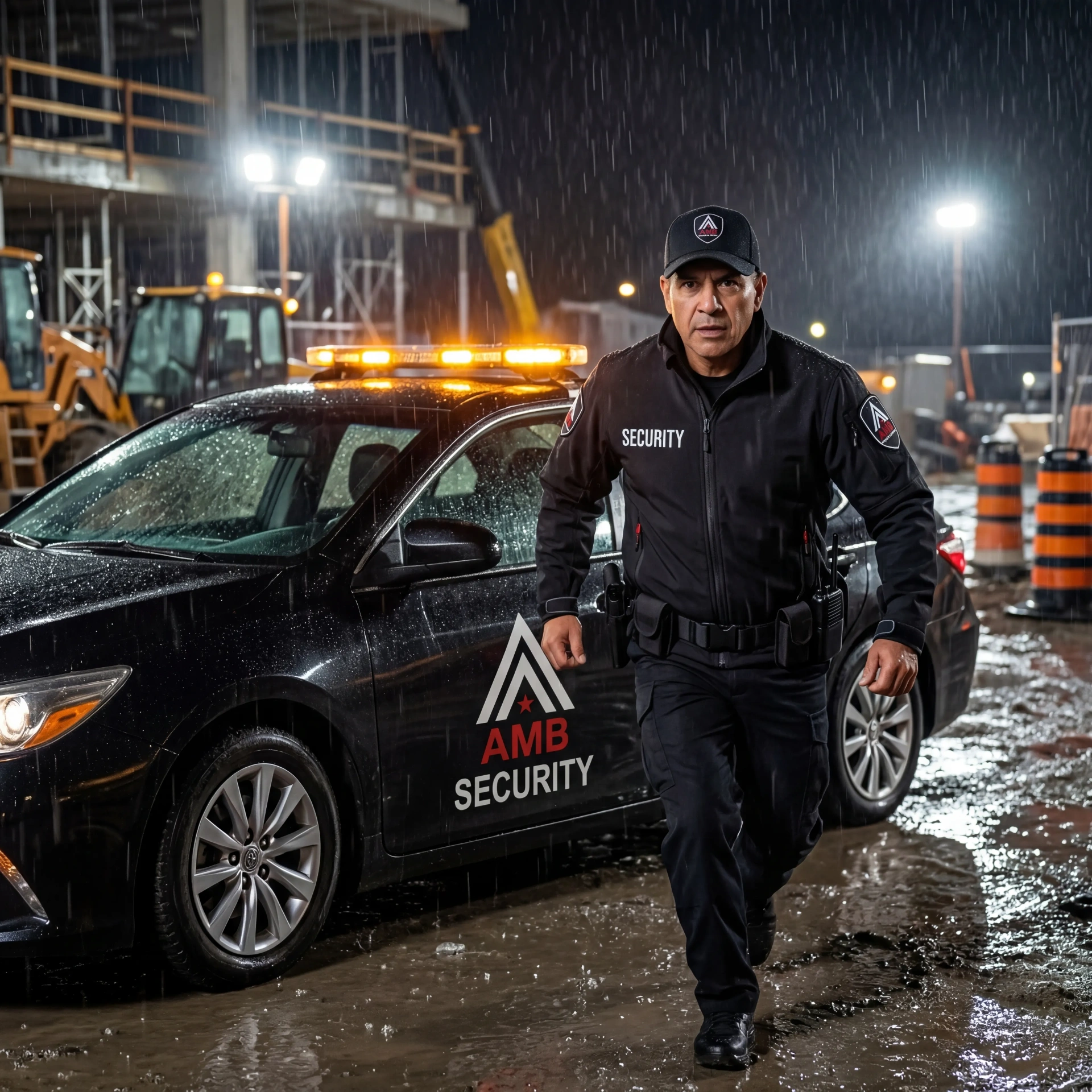 AMB Protective Services officer patrolling a San Francisco mid-rise construction site at dusk