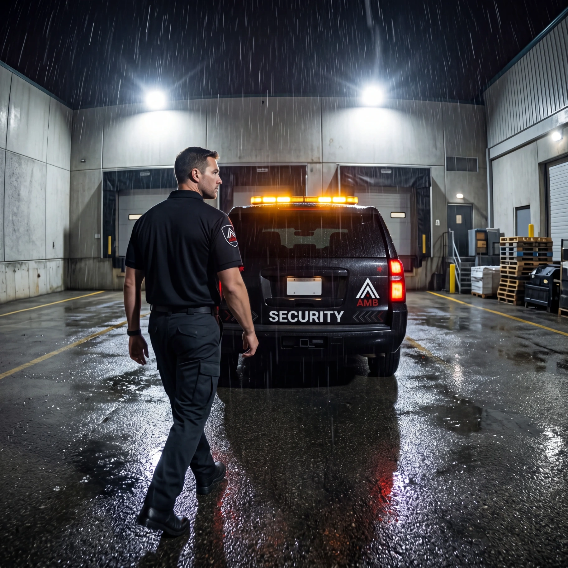 AMB Protective Services patrol vehicle and officer at a covered loading dock during a night rainstorm