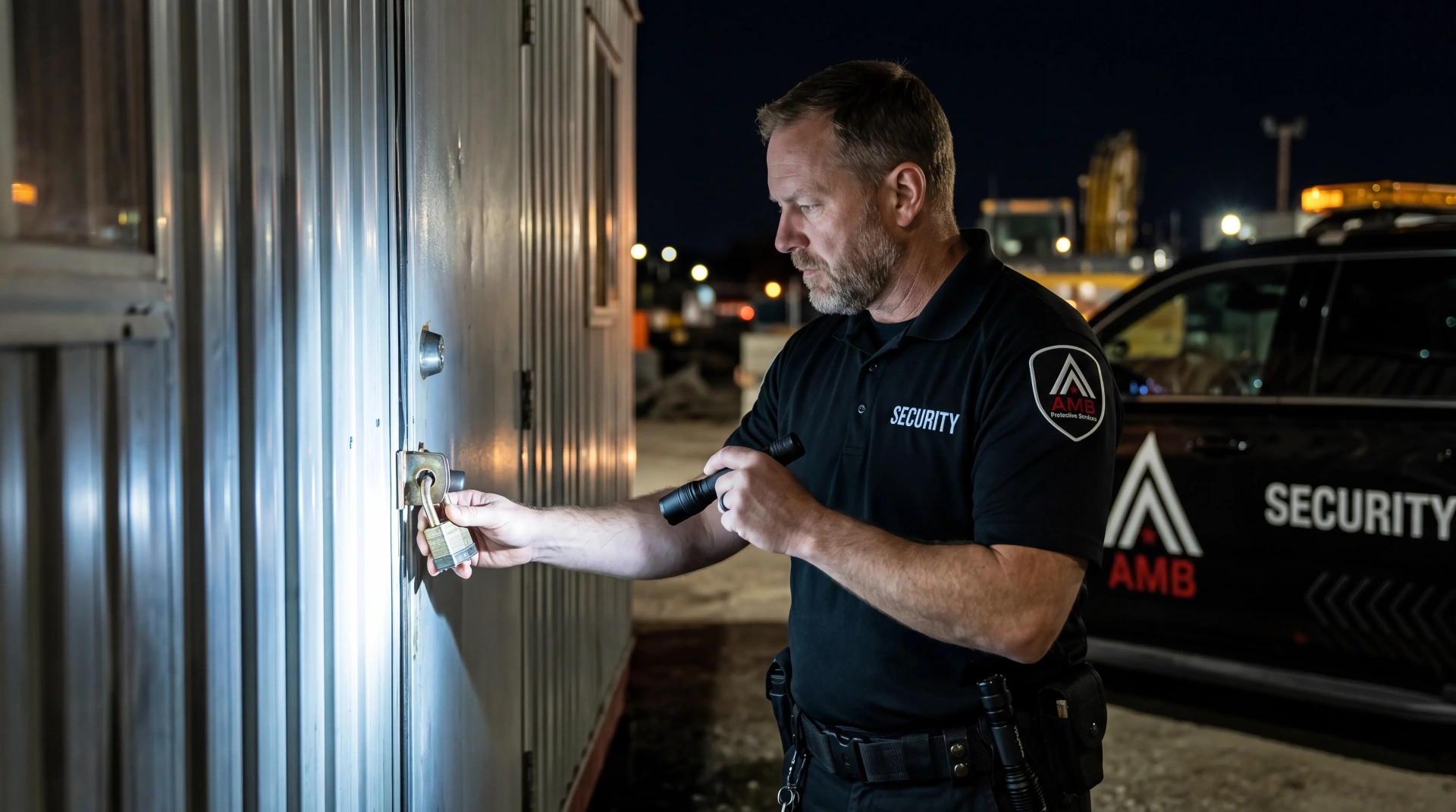 AMB Protective Services officer verifying a secured lock during an overnight property check