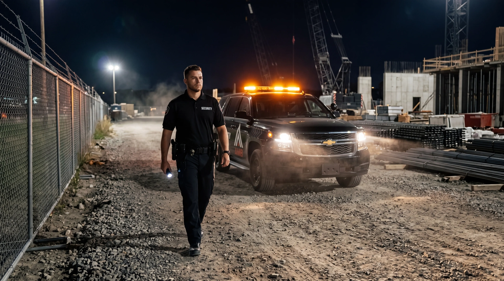 AMB Protective Services security officer on patrol in San Francisco at night