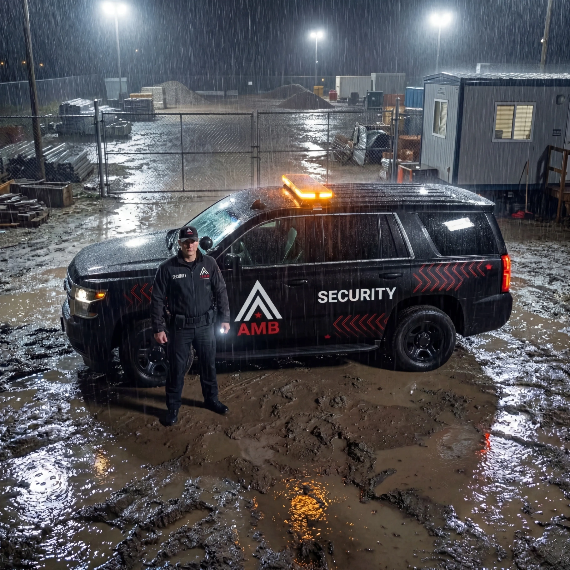 AMB Protective Services patrol vehicle on duty during a heavy San Francisco rainstorm