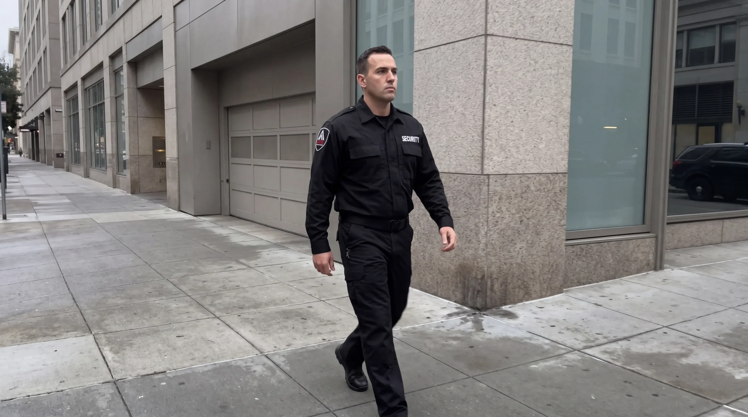 AMB Protective Services security officer on patrol in Financial District — commercial real estate security san francisco