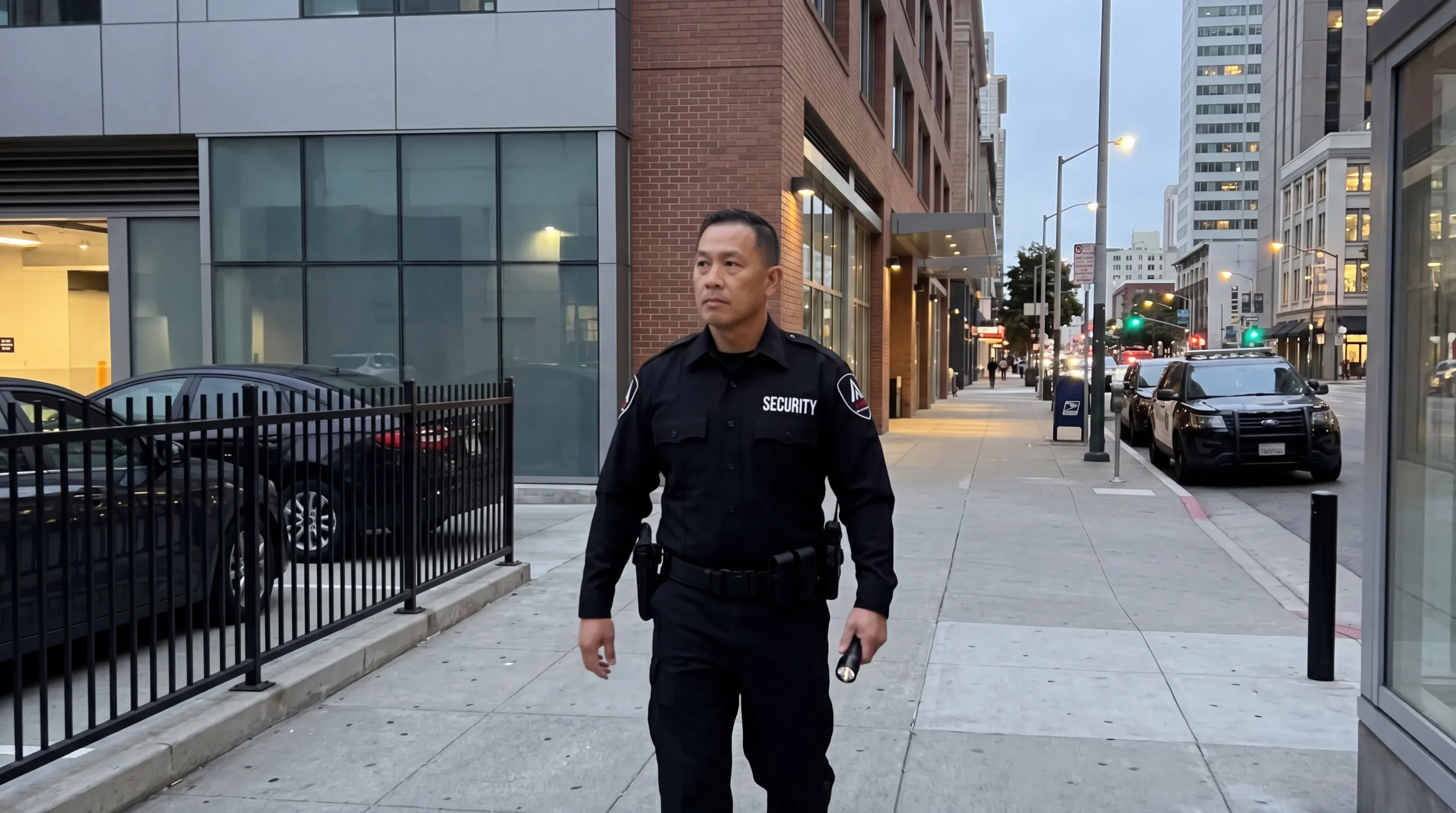 AMB Protective Services security officer on patrol in Financial District — fire watch security San Francisco