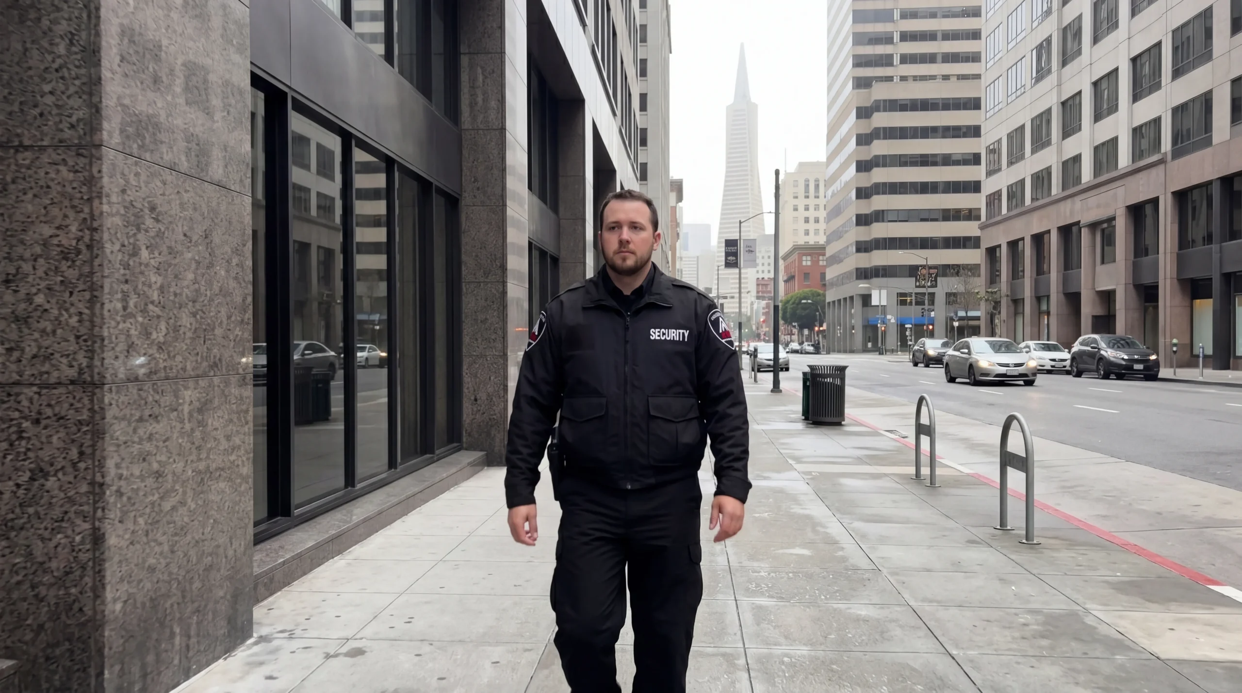 AMB Protective Services security officer on patrol in Financial District — mobile patrol security san francisco