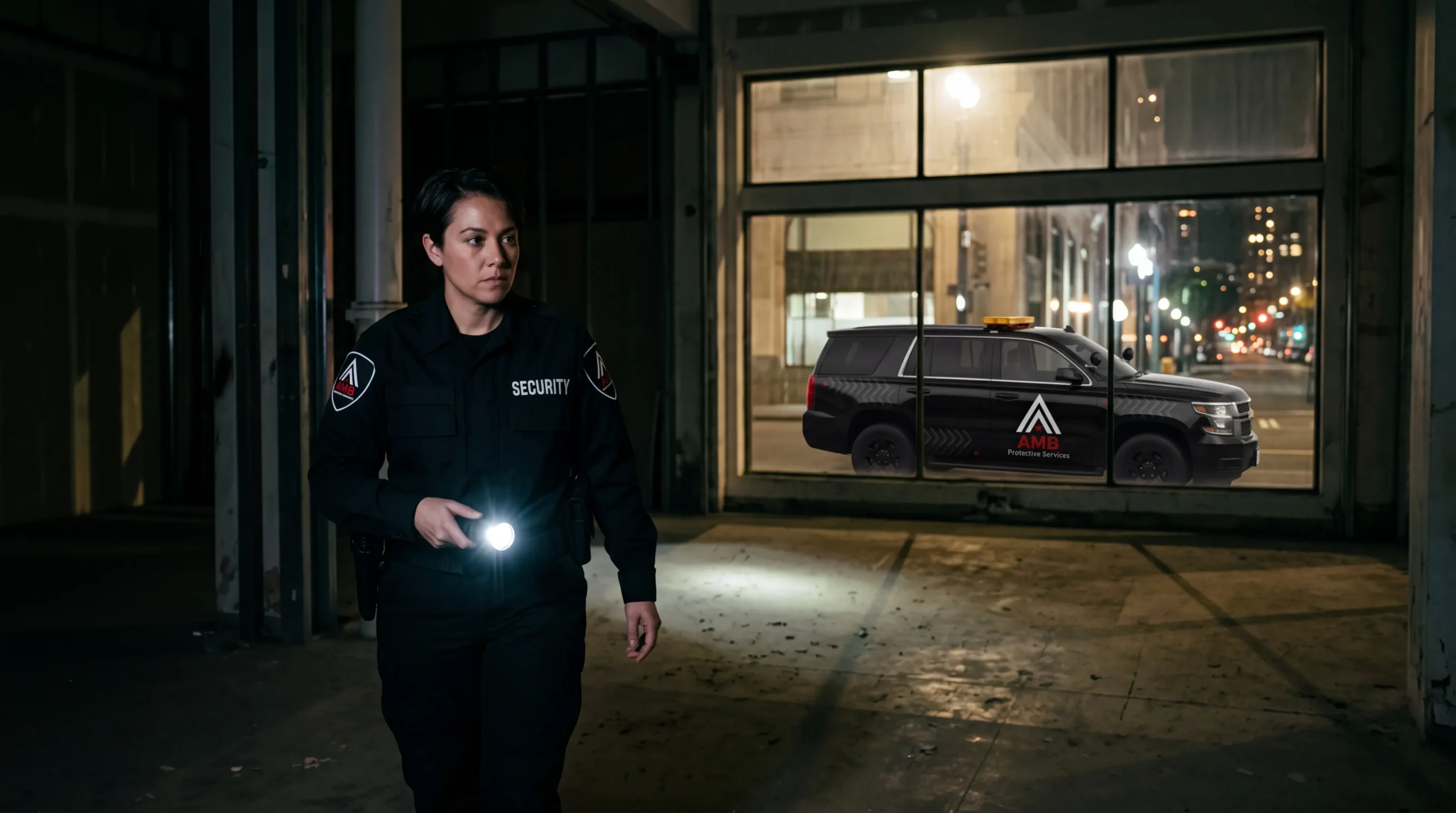 AMB security officer patrolling a vacant San Francisco commercial property perimeter at night