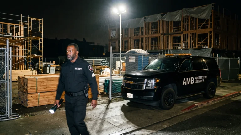 AMB security officer patrolling a fenced San Francisco construction site at night with mobile patrol Chevy Tahoe