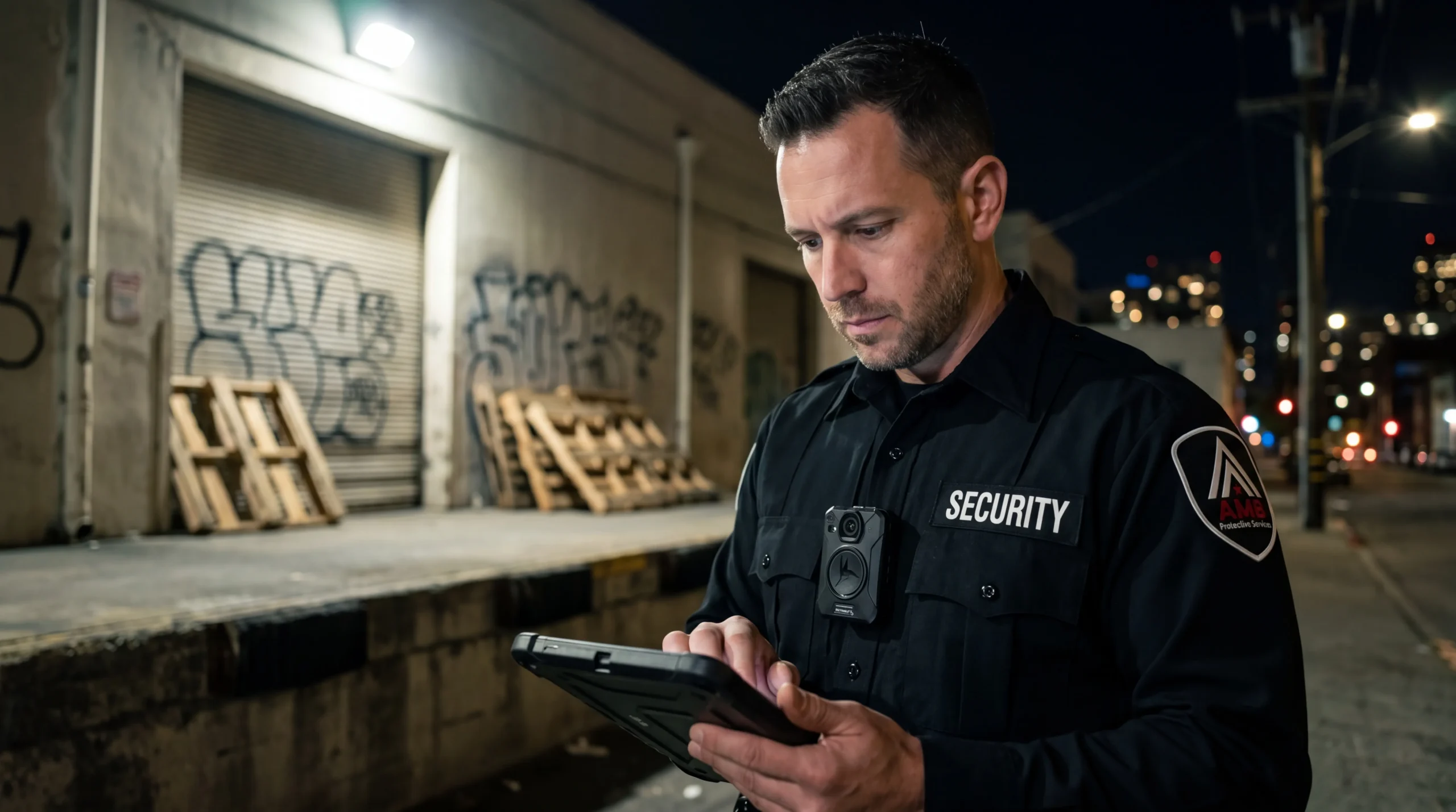AMB officer documenting damage at a vacant San Francisco commercial property after a break-in