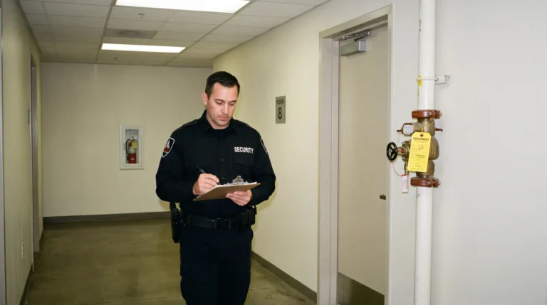 AMB fire watch officer patrolling a San Francisco commercial corridor during sprinkler system impairment