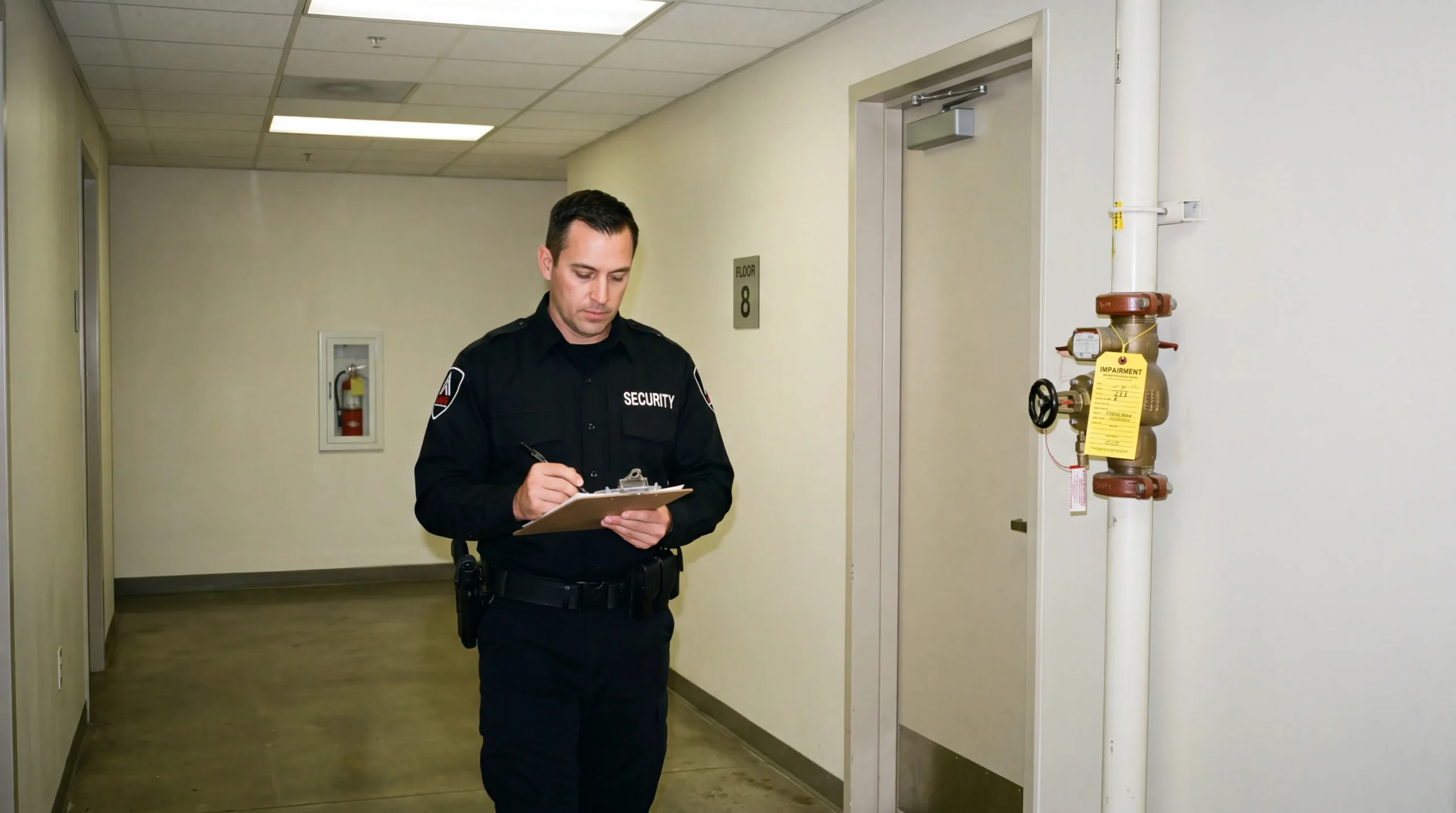 AMB fire watch officer patrolling a San Francisco commercial corridor during sprinkler system impairment
