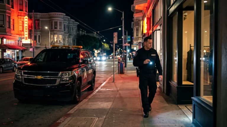AMB officer performing after-hours closing walkthrough at a San Francisco retail storefront