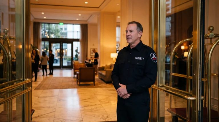 AMB hotel security officer at the main entrance of an upscale San Francisco hotel lobby in the evening