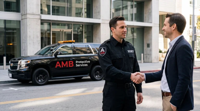 AMB officer meeting with a San Francisco property manager outside a commercial building