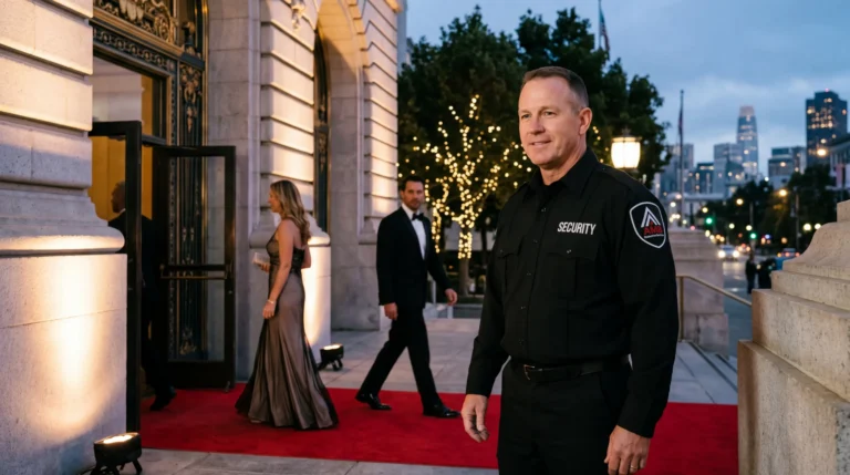 AMB event security officer at the entrance of a formal San Francisco gala in the evening
