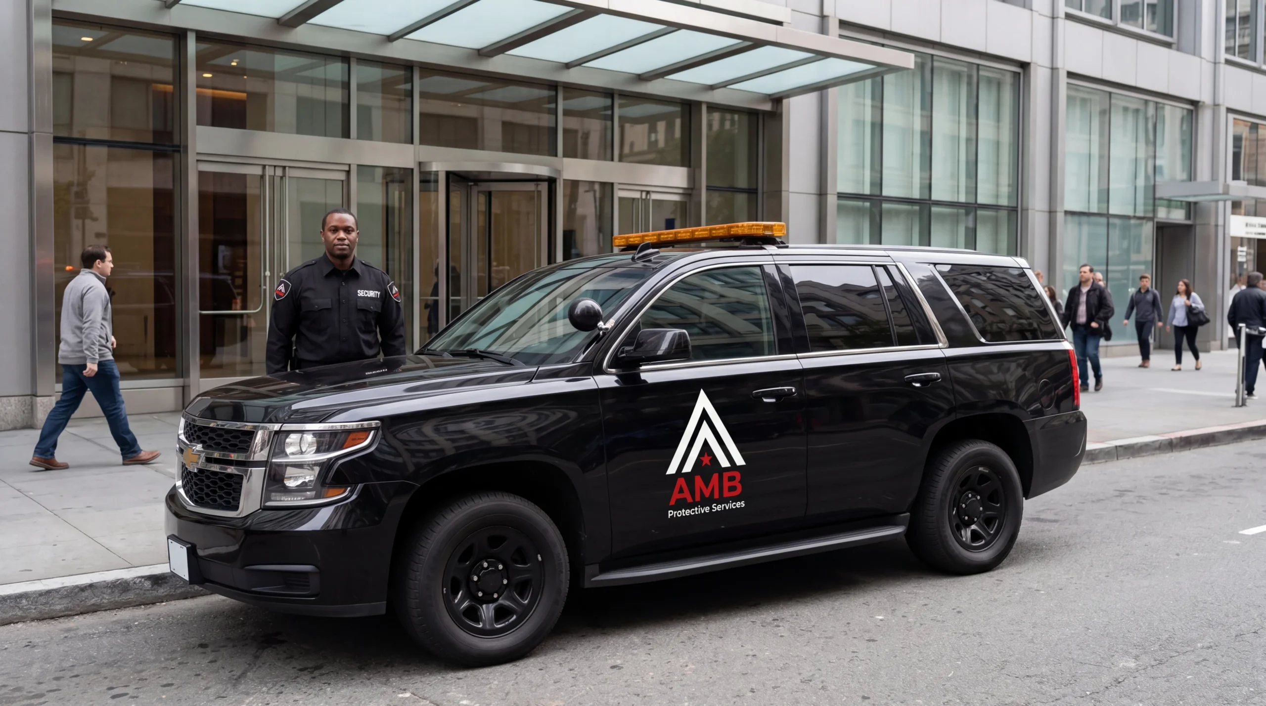 AMB security officer at the entrance of a downtown San Francisco corporate building during business hours