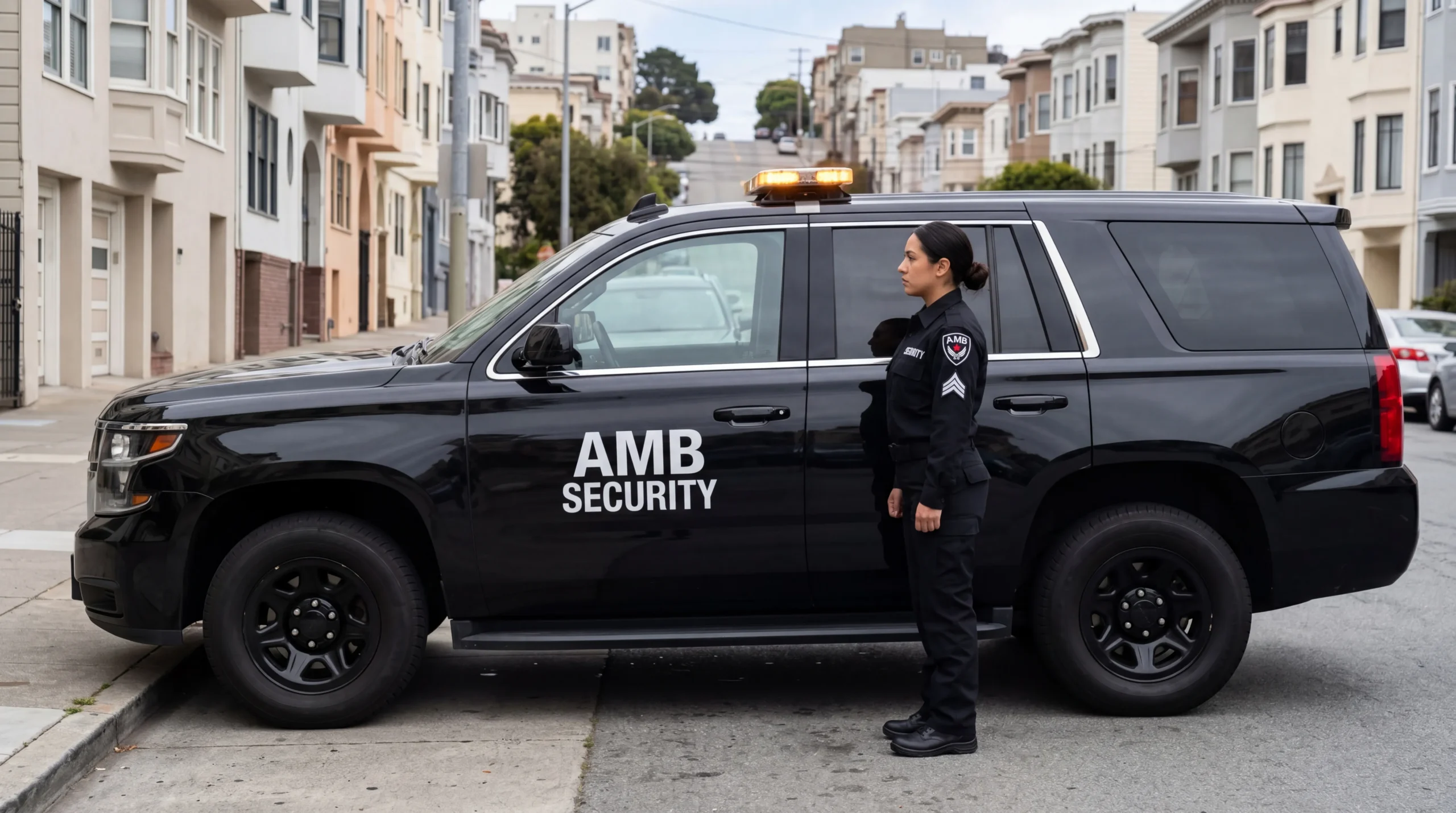 AMB mobile patrol vehicle conducting nighttime checks in San Francisco
