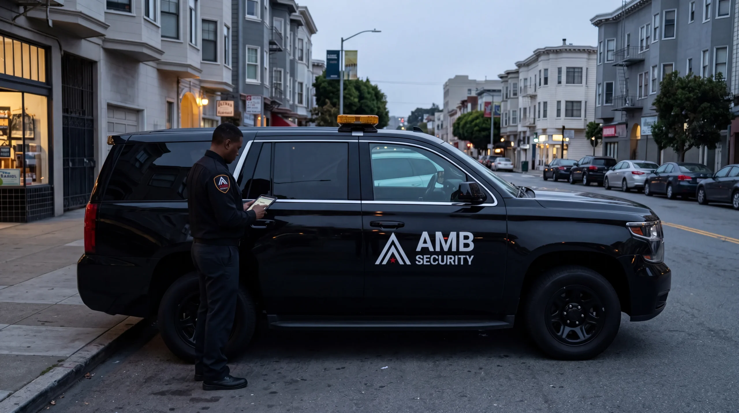 AMB mobile patrol vehicle conducting nighttime checks in San Francisco