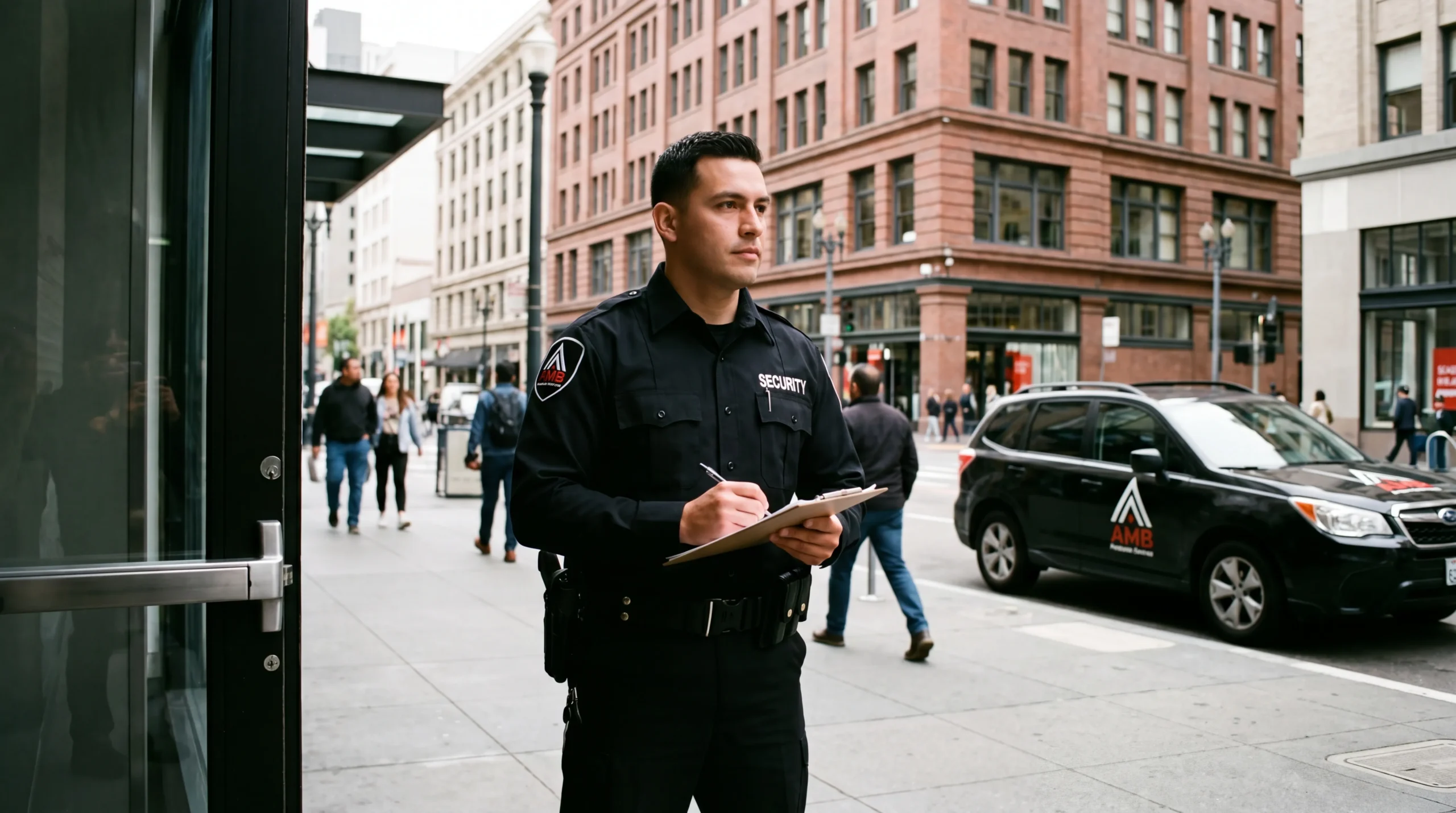 AMB stationary security guard at San Francisco corporate building entrance